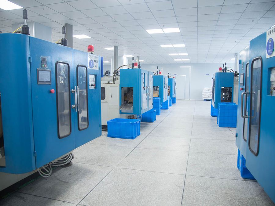Blow moulding hall, 12 machines